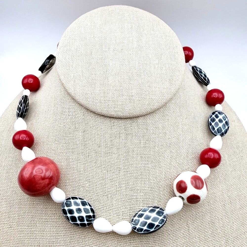 Handmade Ceramic Beaded Choker Necklace Red Black White Polkadot Plaid 80s 16"